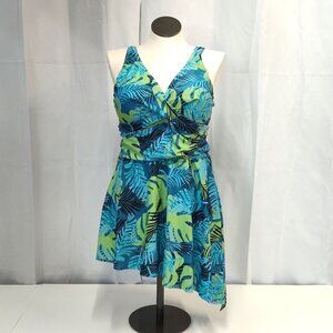 DACI One-Piece 18W Swimdress Twist-Front Tropical Leaf Print Asymmetric Hem NWT